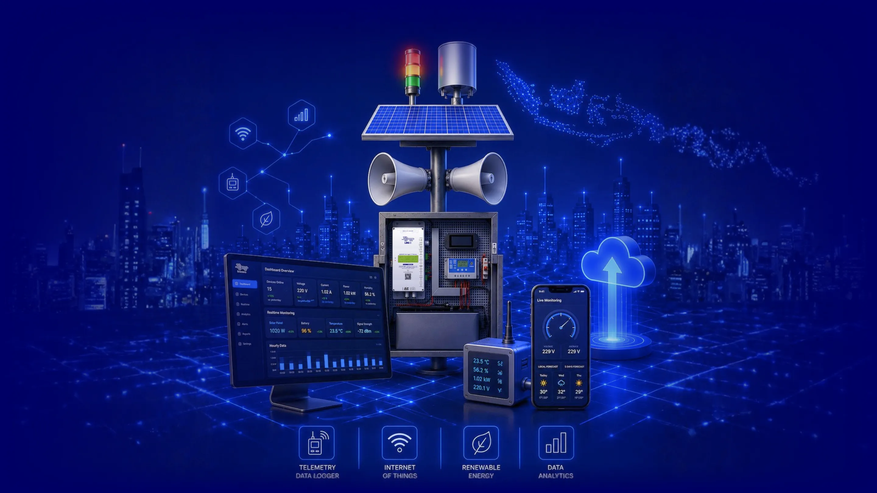 Perangkat telemetry data logger bertenaga surya dengan dashboard IoT dan konektivitas cloud